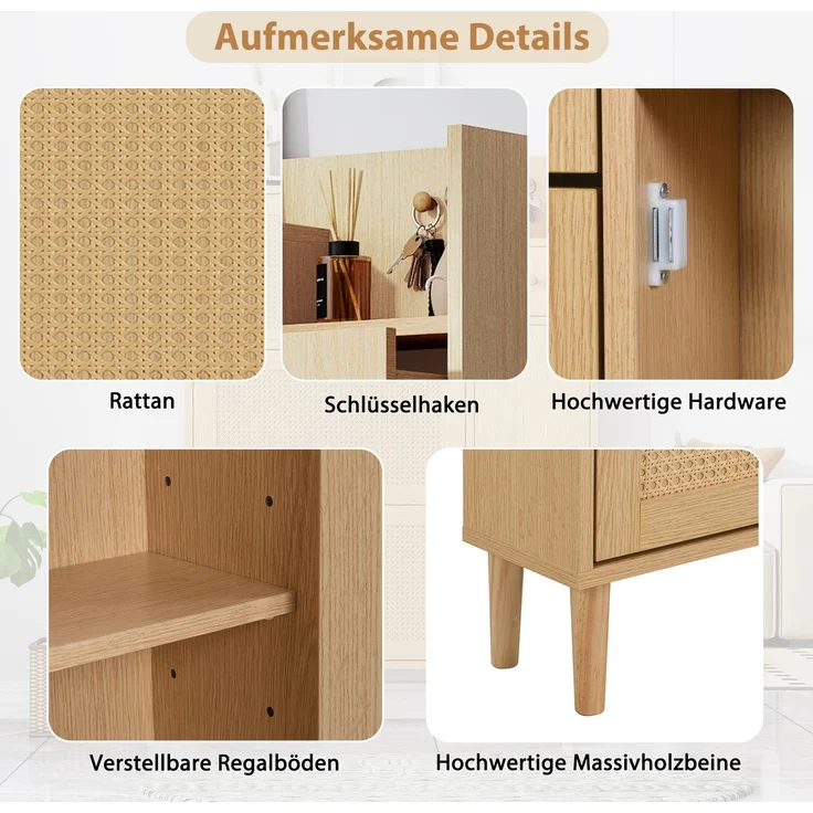 Merax Schmal Schuhschrank mit 3 Klappen, Rattan Schuhschrank Schuhkipper mit Schublade und Tür, Schuhkommode mit Verstellbarer Ablage, Naturbelassen – Bild 5