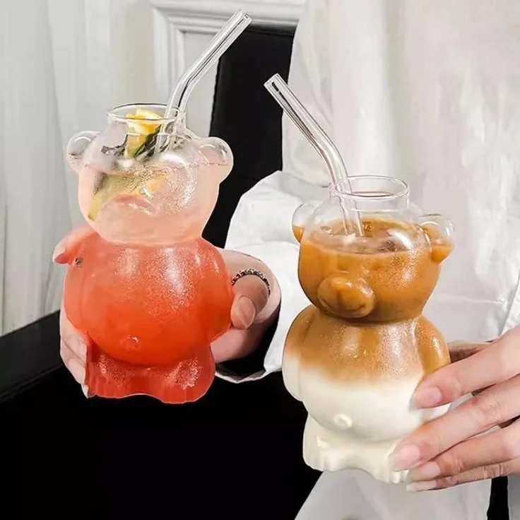 Bärenglas mit Strohhalm 340ml, Süßer Glas Becher in Bärenform, Eiskaffee Becher, Matcha Glas, Cocktailglas - Trinkglas Kawaii Design Geschenkidee – Bild 9