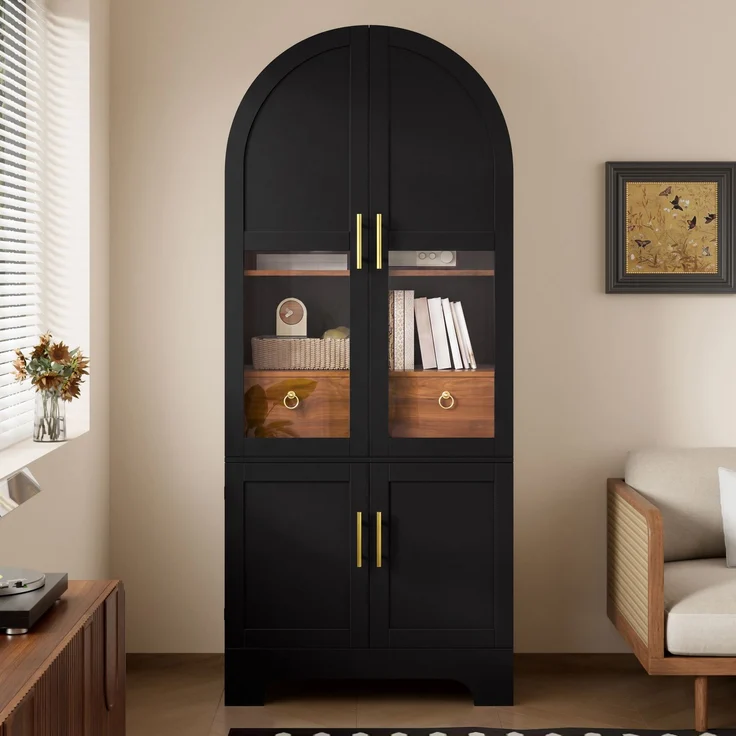 Vitrine 76 x 40 x 180 cm aus MDF und Spanplatte, schwarz, mit Bogenfront und LED-Beleuchtung – Bild 1