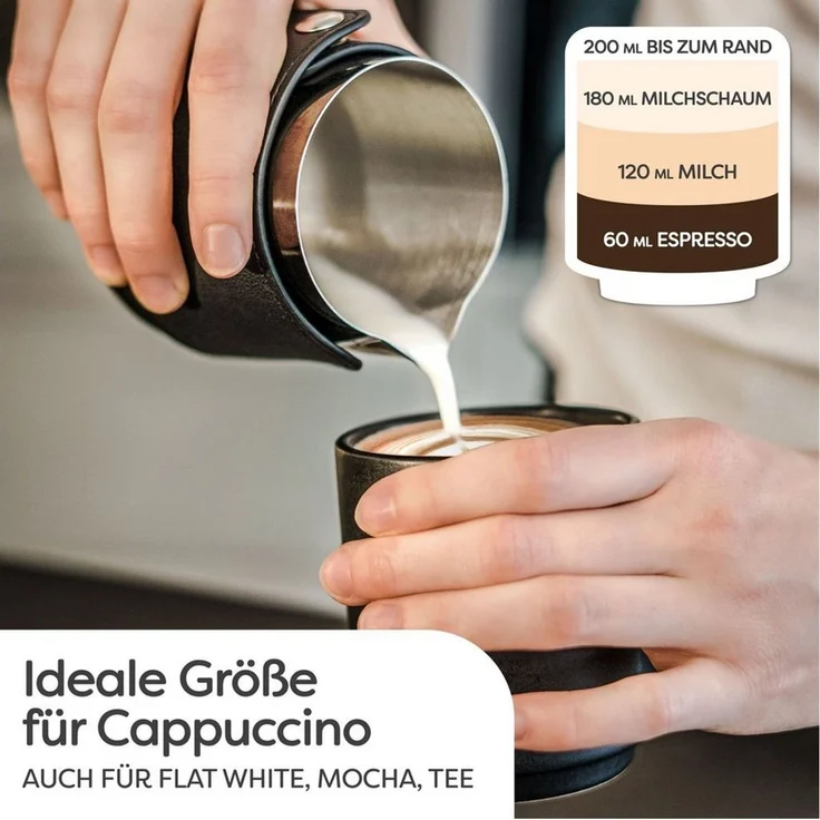Cosumy Cappuccinotasse Cappuccino Tassen 4er Set Schwarz aus Keramik - Stapelbares Design, 4-tlg, Keramik, Hitzebeständiges Stapelbares Design - Entworfen für Latte Art - 200 ml – Bild 4
