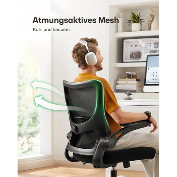 Marsail Bürostuhl Ergonomisch, Schreibtischstuhl mit 3D PU Armlehnen und Verstellbarer Lendenwirbelstütze, Drehstuhl Höhenverstellung und Wippfunktion, Chefsessel aus Mesh, Bis 136kg/300LBS – Bild 5