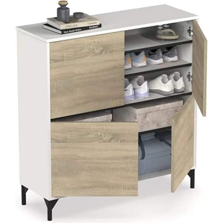 Muebles Pitarch | Eingangsschuhkipper mit Beinen, 4 Türen, Weiß und Eiche Cambrian, 20 Paar große Schuhe, 96,5x101x33 cm, Modern, Industrial, Modell Tokio – Bild 7