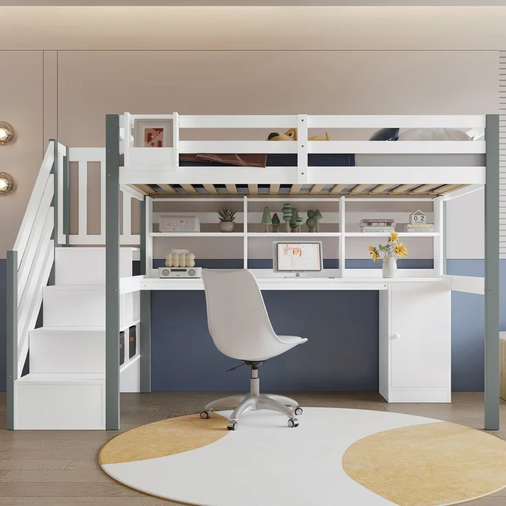Hochbett 90x200 cm mit Schreibtisch, Stauraumtreppe und vierseitigem Rausfallschutz in Weiß-Grau, ohne Matratze – Bild 1