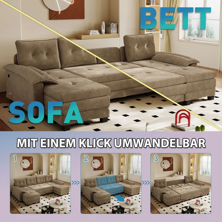 ZUBALIYA Schlafsofa 127x87 cm, mit USB - Anschluss, mit Ausziehbett, mit Chenille - Bezug, mit Samtbezug, modular aufgebaut, Weiß – Bild 7