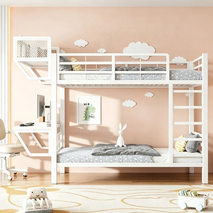 ZUBALIYA Metall-Etagenbett (90 x 200 cm) mit Schreibtisch und Ablagefächern, Lattenrost, platzsparendes Hochbett für Kinder, Jugendliche und Erwachsene, Weiß – Bild 7