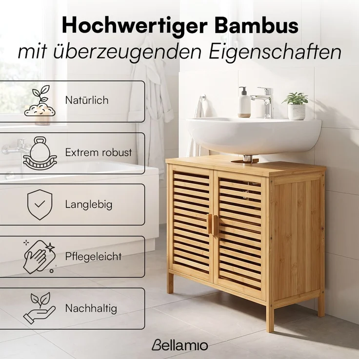 Bellamio 'Newa' Badezimmer Waschbeckenunterschrank, Bambus, natur, 60x33x65 cm, Badezimmerschrank mit 2 Ablagefächern, 2er-Set – Bild 2