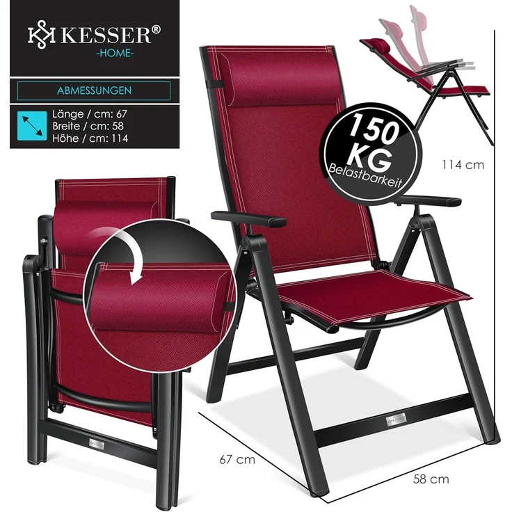 KESSER® Gartenstuhl, Hochlehner mit Armlehnen, Aluminium-Klappstuhl mit Kopfkissen & Cover, 7-fach verstellbare Rückenlehne, atmungsaktiv & wetterfest, klappbar & anti-rutsch, bordeaux – Bild 2