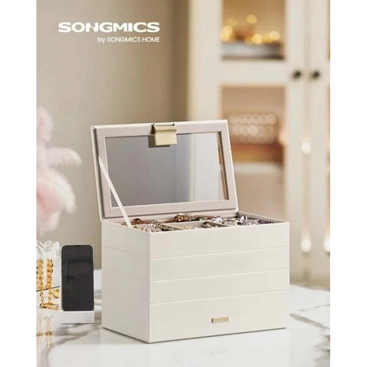 SONGMICS Schmuckkästchen 4 Ebenen, Schmucktablett stapelbar, Schmuckkasten groß, Schmuckbox mit Glasdeckel, 17 x 28 x 18,3 cm, Schmuckeinsatz für Schubladen, Geschenkidee, Weihnachten, weiß JBC164W01 – Bild 1