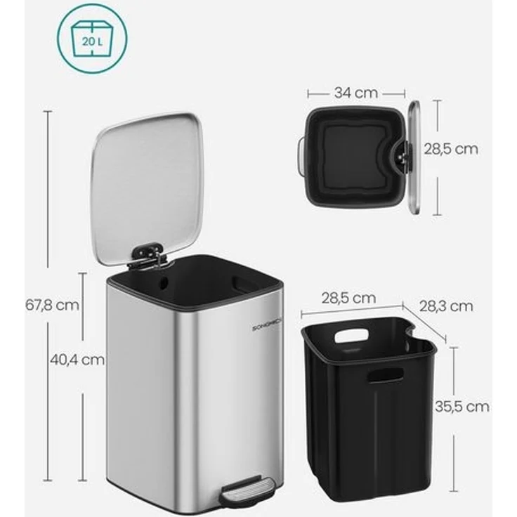 Songmics Mülleimer Küche, 20 Liter Abfalleimer, Tretmülleimer, Stahl, mit Inneneimer, Softclose, Offenhaltefunktion, metallicsilber LTBDE592E01 – Bild 5
