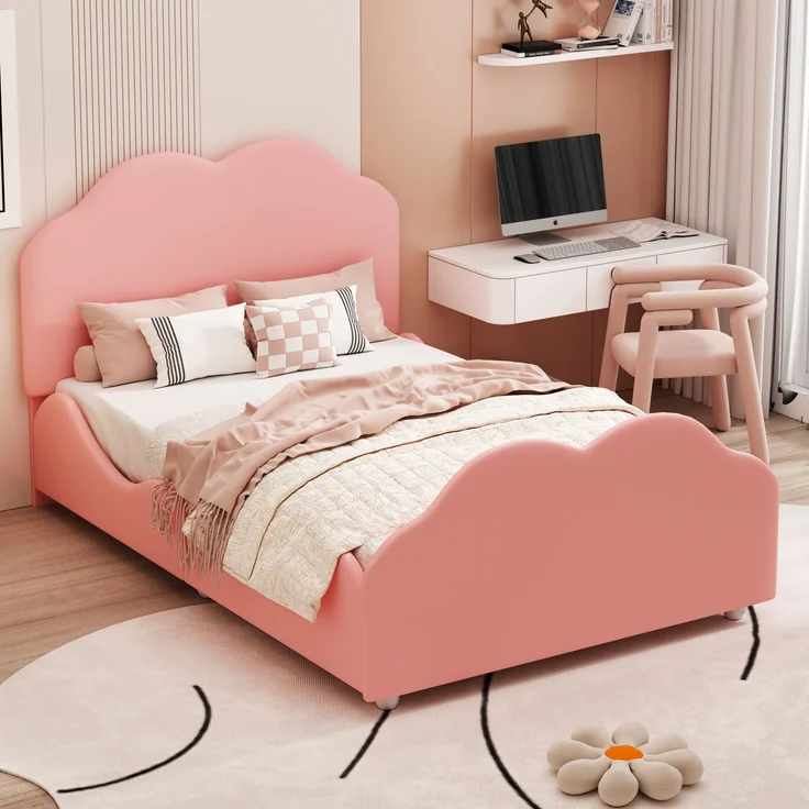 Polsterbett 90x200 cm Kinderbett aus Samt in Rosa mit Seitenschutz und wolkenförmigem Kopfteil – Bild 1