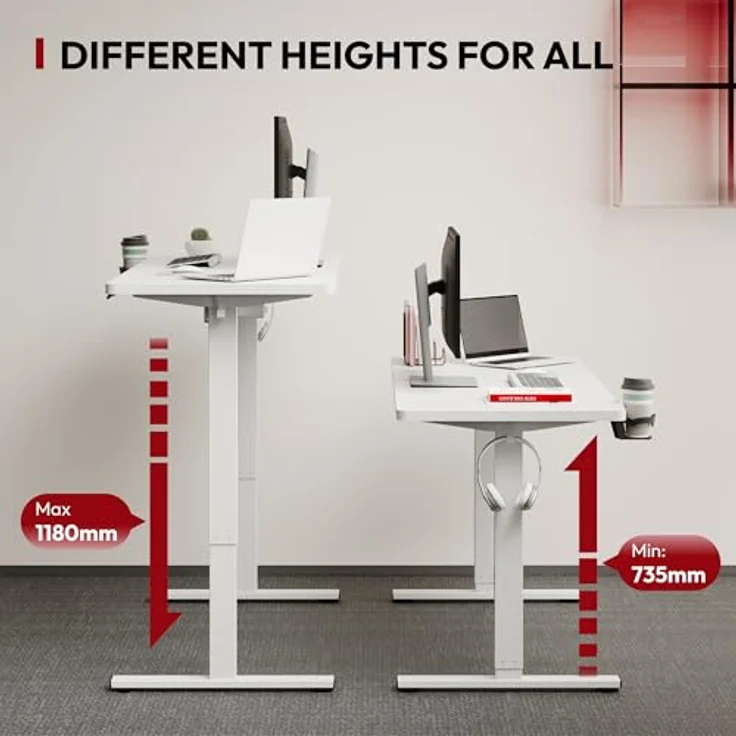 SANODESK Höhenverstellbarer Schreibtisch mit VOLLSTÄNDIGER TISCHPLATTE, 4 Zubehörteilen (Becherhalter, Haken, Aufbewahrungsbox, Kabelmanagement), ergonomisch für Büro und Homeoffice, Weiß, 110x54 cm – Bild 6