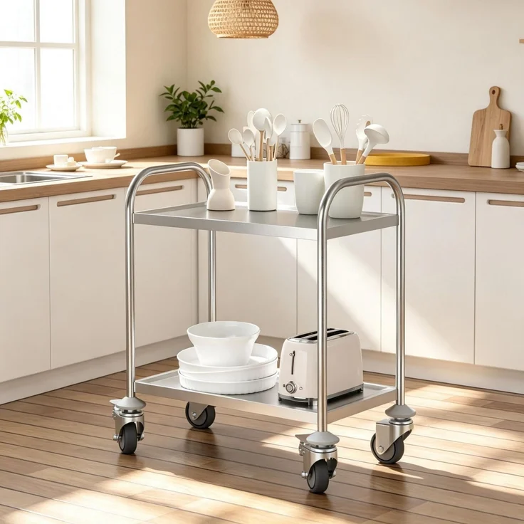 Küchenwagen 80x45x82 cm aus Edelstahl mit 2 Ablagen und 4 Rollen – Bild 1