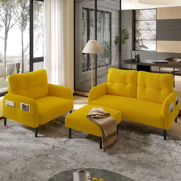LVHOM Cord 3er-Set 2-Sitzer+Sessel+Hocker, Flexibel für Wohnzimmer Ecksofa mit Seitentaschen, Sitzgruppe Gelb