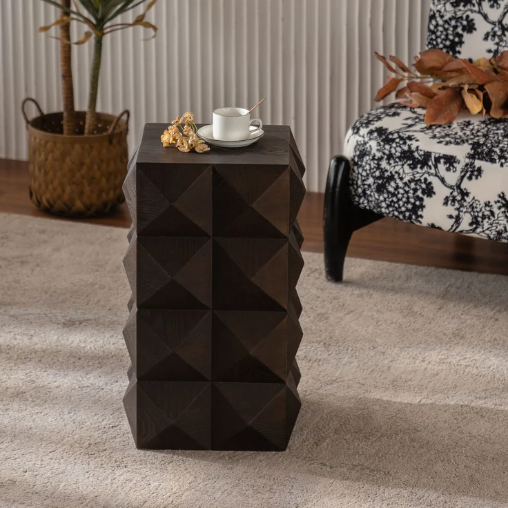 Beistelltisch aus Massivholz und MDF, Retro Couchtisch mit dreidimensionaler Reliefstruktur, Naturholz,Braun – Bild 1