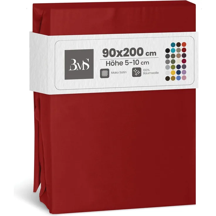 Bettwaesche-mit-Stil Mako-Satin Spannbettlaken rot 90x200cm Höhe 5-10cm