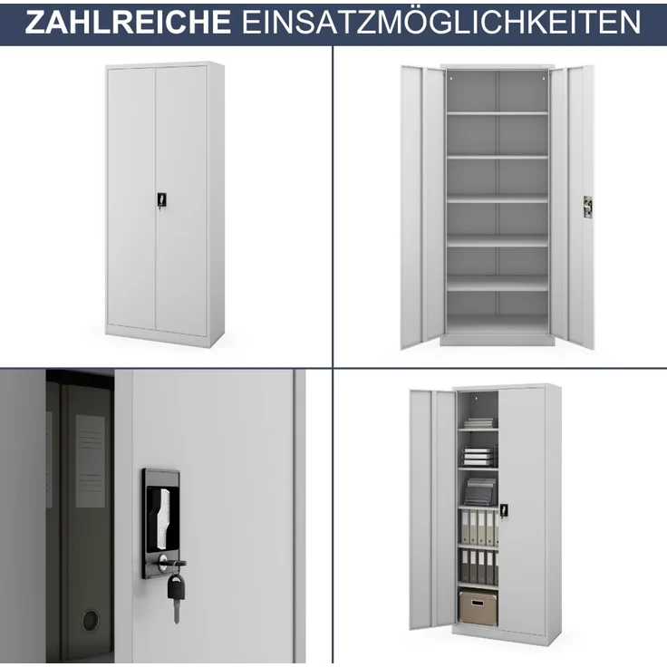 Aktenschrank abschließbar KADO - 6 Ebenen verstellbar, Flügeltüren | Metallschrank Werkstatt Mehrzweckschrank Büroschrank aus Stahl Werkzeugschrank, 220 x 90 x 40 cm Grau – Bild 6