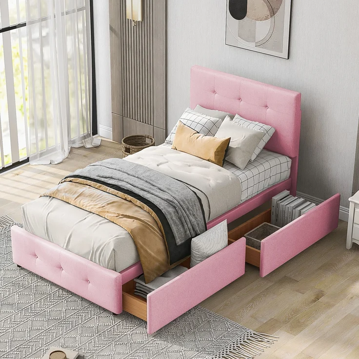 Polsterbett, 90 x 200 cm Bett mit Lattenrost, Rückenlehne und zwei Schubladen, hautfreundlicher Samtstoff, Beige flaches Einzelbett Kinderbett Jugendbett Gästebett, Samtstoff, Beige/Rosa, 90 x 200 cm – Bild 3
