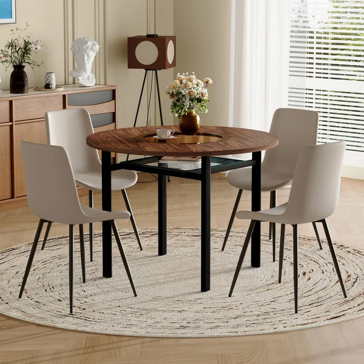 Esstisch-Set 76x100x100 cm in Braun/Schwarz mit Glasintarsie und 4 PU-Sesseln in Warmgrau – Bild 2