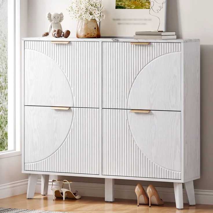 ZUBALIYA Schuhschrank (105 x 24 x 95,5 cm), 4 Klappfächer, Strukturierte Fronten, Stauraum für Flur und Eingangsbereich, Weiß – Bild 1