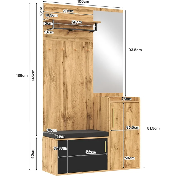 Kompakter Kleiderschrank mit Spiegel und Sitzbank, Flurschrank mit Schuhregal und Haken, kompakter Kleiderschrank, Flurmöbelset(Not a one-piece product, holes need to be drilled in the wall.) – Bild 4