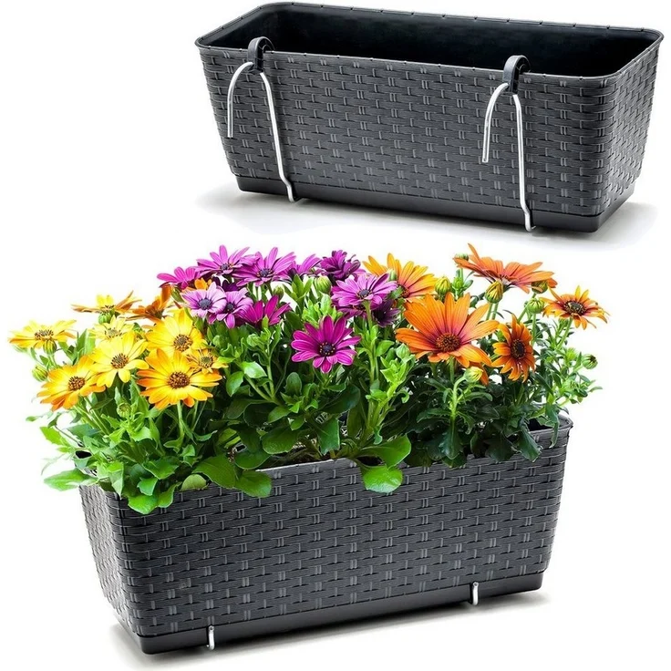 BigDean 2er Set Blumenkästen für Balkon-Geländer - Rattan-Optik - Anthrazit - Balkonkästen mit Metall-Halterung - 39 x 15,5 x 14 cm - inkl. Bewässerungssystem – Bild 1
