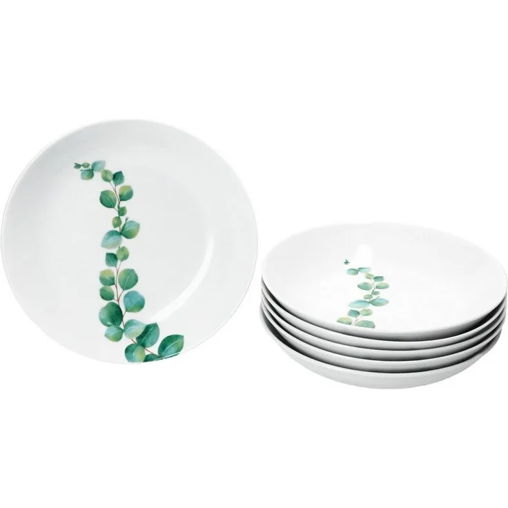 6x Eukalyptus Suppenteller weiß 350ml Porzellan 6 Personen tiefe Teller Blätter