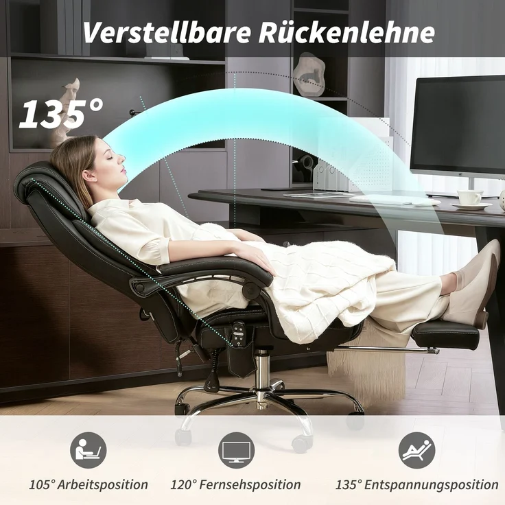 HOMCOM Bürostuhl mit Massagefunktion, Polyurethan, Schwarz, 72L x 67B x 111-119H cm – Bild 7