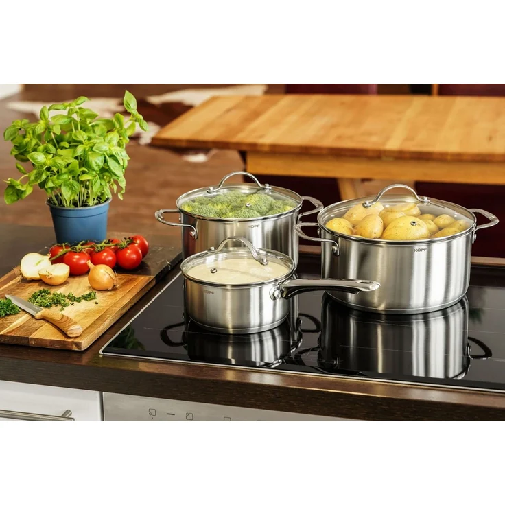 Kopf Topf-Set Clara, Edelstahl (Set, 6-tlg, 2 Kochtöpfe, Stielkasserolle, 3 Glasdeckel), Kochtopfset, Töpfe Induktion, Spülmaschinengeeignet, Backofenfest – Bild 2