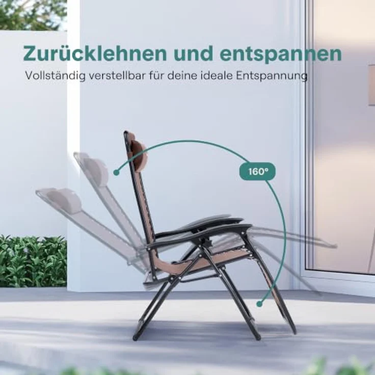 SereneLife Sonnenliege Klappbar 2er Set mit Tisch, Zero Gravity Liegestuhl Garten, bis 120 kg Braun, Verstellbar und Wetterfest, mit Getränkehalter und Kopfkissen, für Balkon Strand Camping – Bild 3