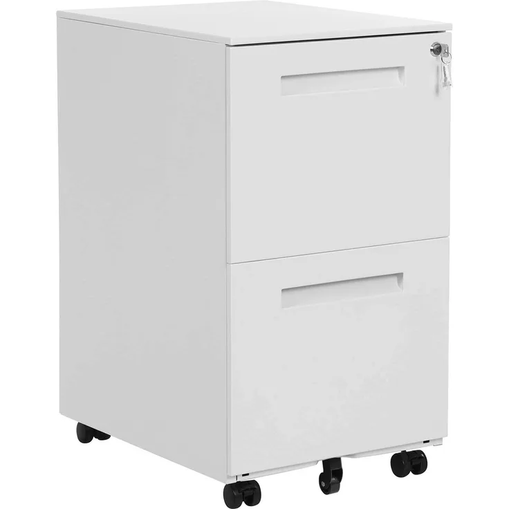 SONGMICS Rollcontainer, mobiler Aktenschrank mit 2 Schubladen, abschließbar, für Bürodokumente, vormontiert, 39 x 45 x 69,5 cm (L x B x H), weiß OFC052W01