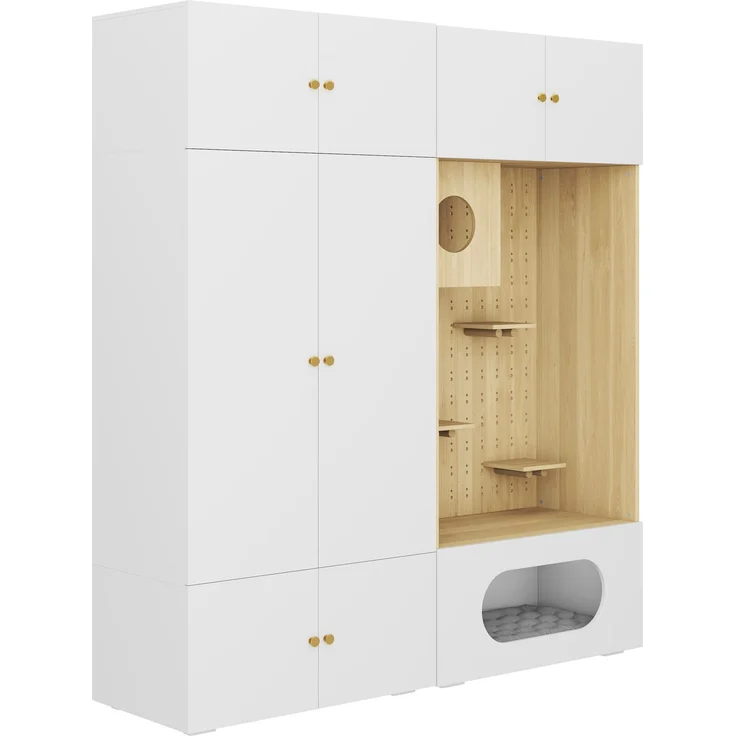 Kleiderschrank, Garderoben-Set Garderobe, Haustierschrank, 180 x 50 x 200 cm, mit 1 Kleiderstange, Katzenkletterwand und Haustierkissen, für Schlafzimmer, Wohnzimmer und Flur, Weiß+Holzoptik--Weiß, Holz--180x50x200cm--YOUDENOVA – Bild 10