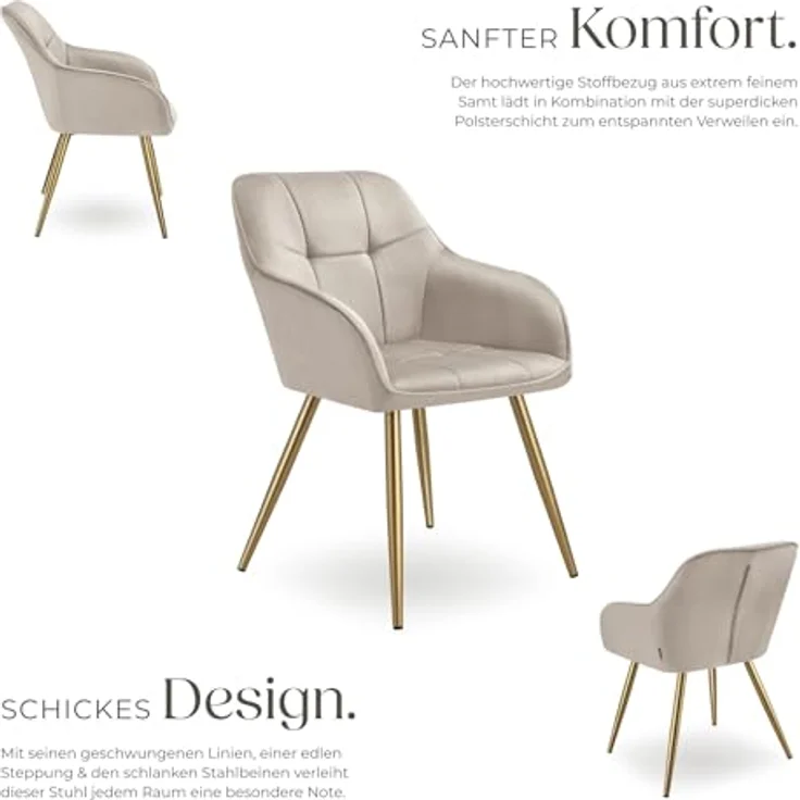 tectake Esszimmerstuhl Polstersessel gepolstert, in Samtoptik, gesteppt, 58 x 62 x 82 cm (Küchenstuhl Marilyn in taupe/gold, 4 St), schlanke, goldene Stahlbeine, bodenschonend, Belastbarkeit 120 kg – Bild 6