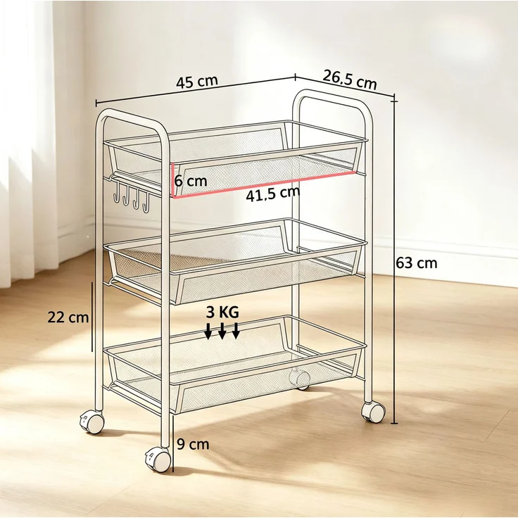 Rollwagen aus Stahl mit 3 abnehmbaren Körben, 45x26,5x63 cm, Weiß – Bild 5