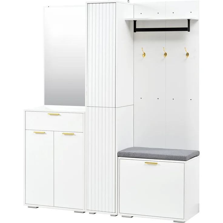 Garderobenset 150 x 36 x 180 cm mit Spiegel, Sitzbank und Schuh-Kippfach in Weiß – Bild 5