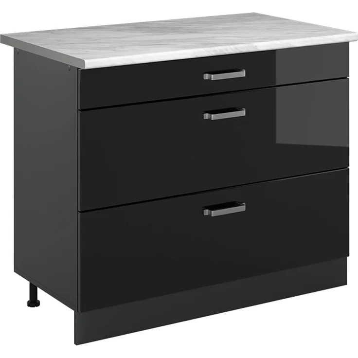 Küchenunterschrank R-Line Schwarz Hochglanz/Anthrazit 100 cm Arbeitsplatte Marmor Vicco – Bild 1