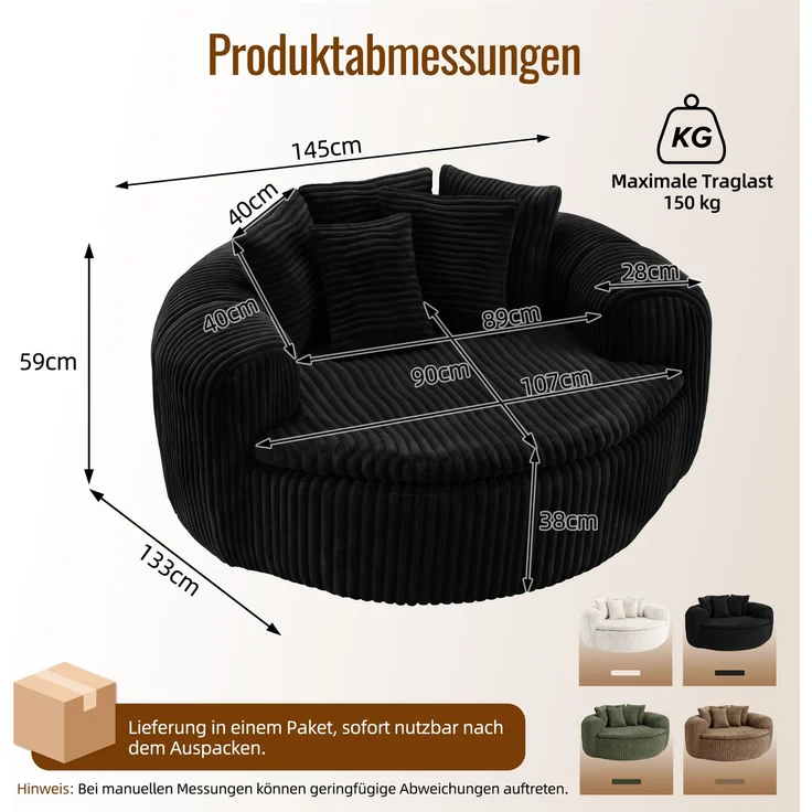 Abrihome Sitzsack mit Armlehnen und Rückenkissen, Schwarz, 145x133x59 cm – Bild 3