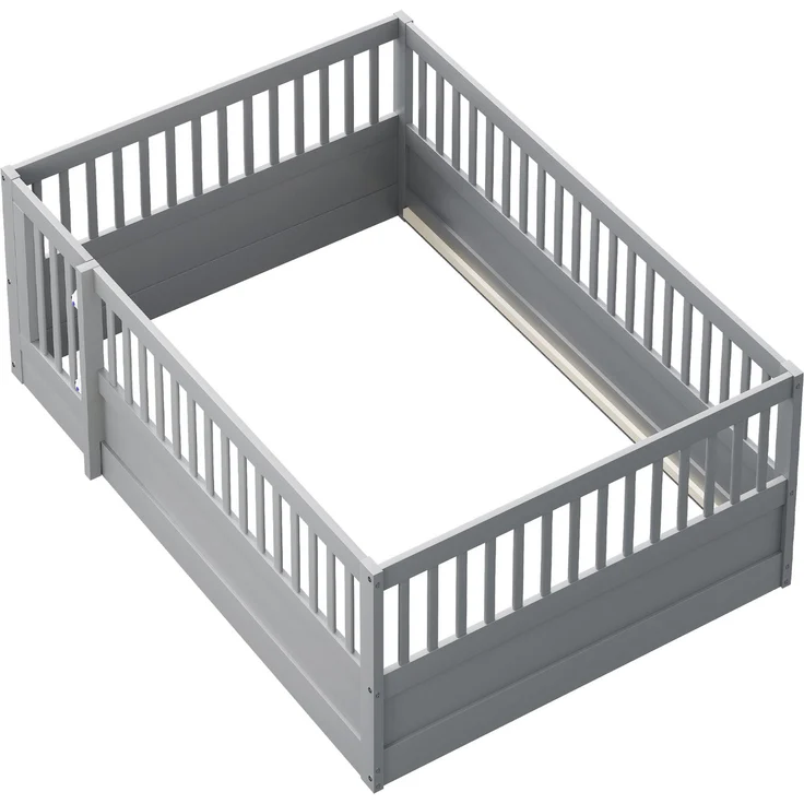 Kinder Bodenbett aus massivem Kiefernholz 140x200 cm mit Zaun & Tür,sicheres Spielbett,offenes Hausbett,Grau – Bild 8