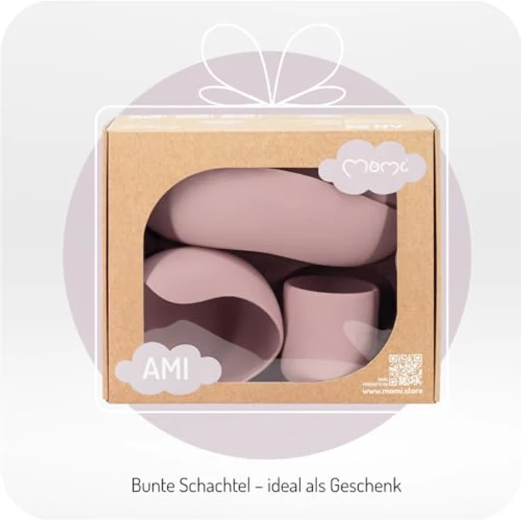 MoMi Kindergeschirr mit Essbesteck AMI, 6-teiliges Set: Lätzchen, Löffel, Gabel, Teller, Schüssel 360 ml, Becher 180 ml, aus Silikon, spülmaschinenfest und mikrowellengeeignet – Bild 7