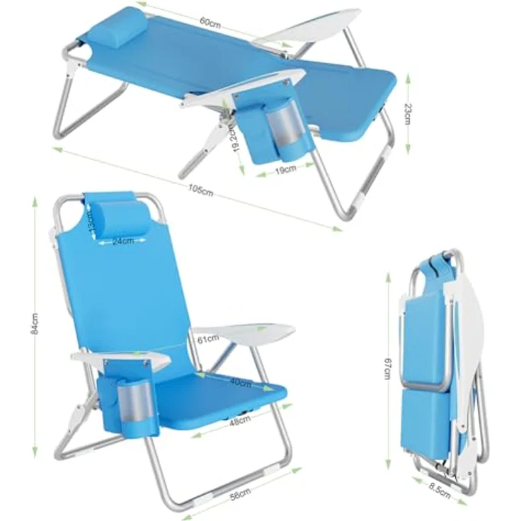BAKAJI Strandstuhl, faltbar, zusammenklappbar, Gestell aus Aluminium, mit Tasche für alle Gegenstände, integrierte Kühltasche und Rucksackriemen (Blau), Polyester Baumwolle, Unica – Bild 3