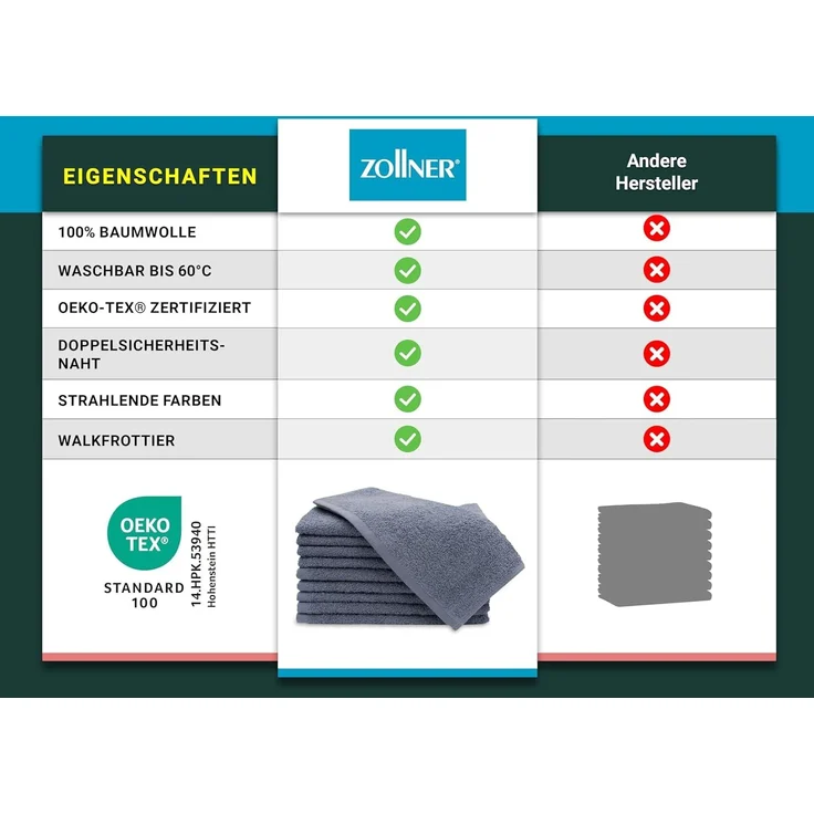 ZOLLNER Gästehandtücher 10er Set, Baumwolle, 30x50 cm, grau – Bild 6