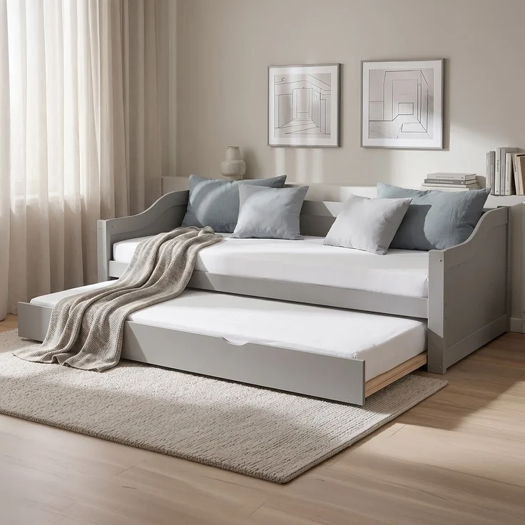 Gästebett Holzbett 90x200 cm mit 2 Matratzen Grau Tagesbett ausziehbar Jugendbett Ausziehbett Funktionsbett – Bild 2