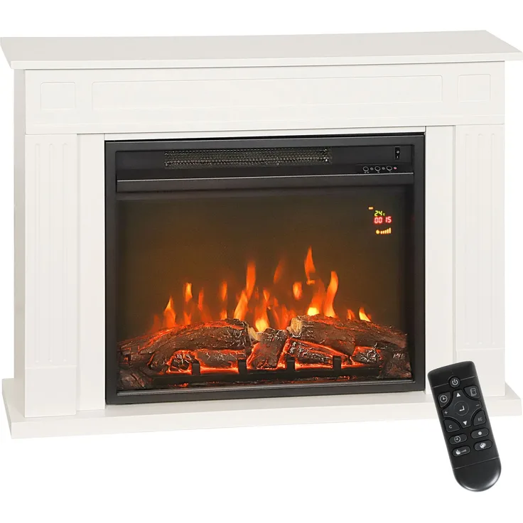 JARDJ Elektrischer Kamin mit 5 Flammenstufen, Fernbedienung und Timer, 98 x 23,5 x 69,5 cm, Schwarz und Weiß