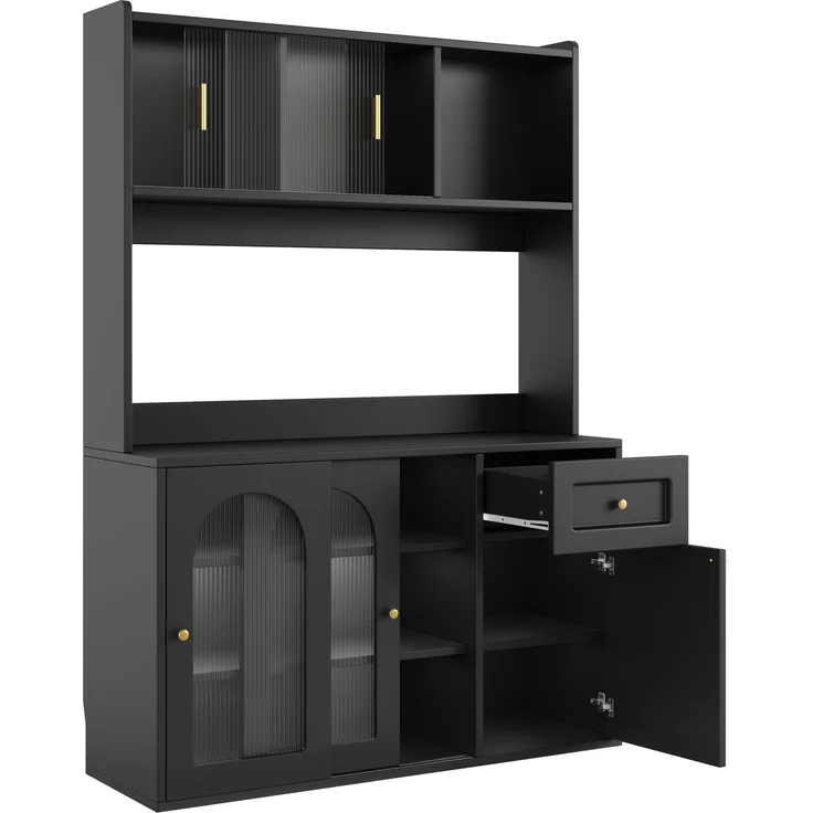 Merax Küchenschrank, Hochschrank, Vitrinenschrank, Buffetschrank mit Verstellbaren Ablagen, Esszimmerschrank, Sideboard mit LED-Beleuchtung, schwarz – Bild 8