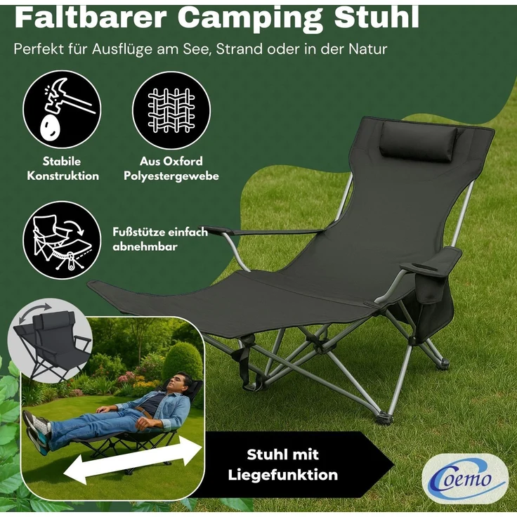 Coemo Tragbarer Liegestuhl, Campingliege mit Getränkehalter Schwarz – Bild 2