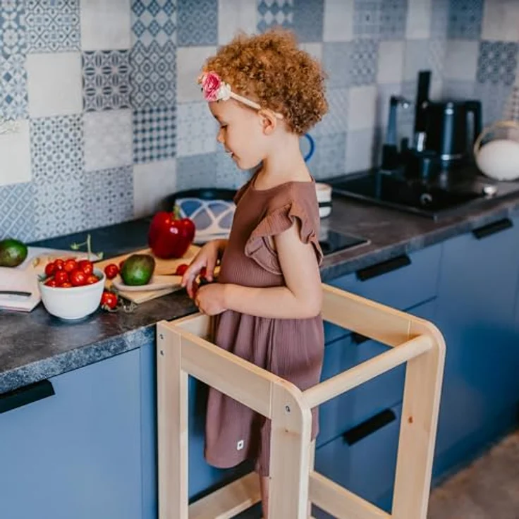 MeowBaby 'Kitchen Helper' Lernturm, Tritt 3-fach höhenverstellbar, Kiefer natur, Massivholz – Bild 9