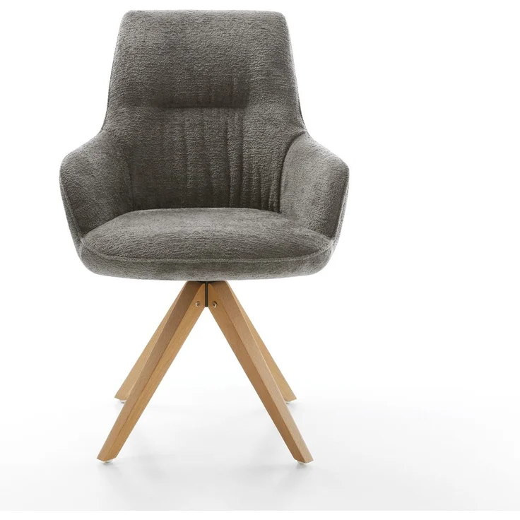 Drehstuhl Zelia-Flex mit Armlehnen Bouclé Soft Schlamm Holzgestell kantig Natur 180° drehbar Taschenfederkern – Bild 2