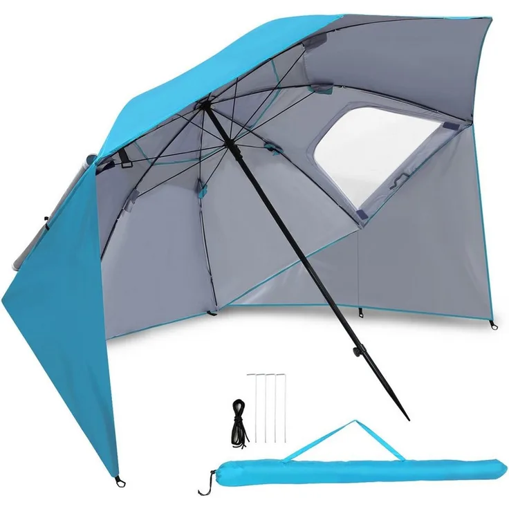 Clanmacy Sonnenschirm Strandschirm 210cm UV Schutz 50+ Neigbar Himmelblau mit Erdspieß, LxB: 210x200 cm, Stabiler knickbar/für Garten, Balkon, Terasse/Sonnenschutz UV50+