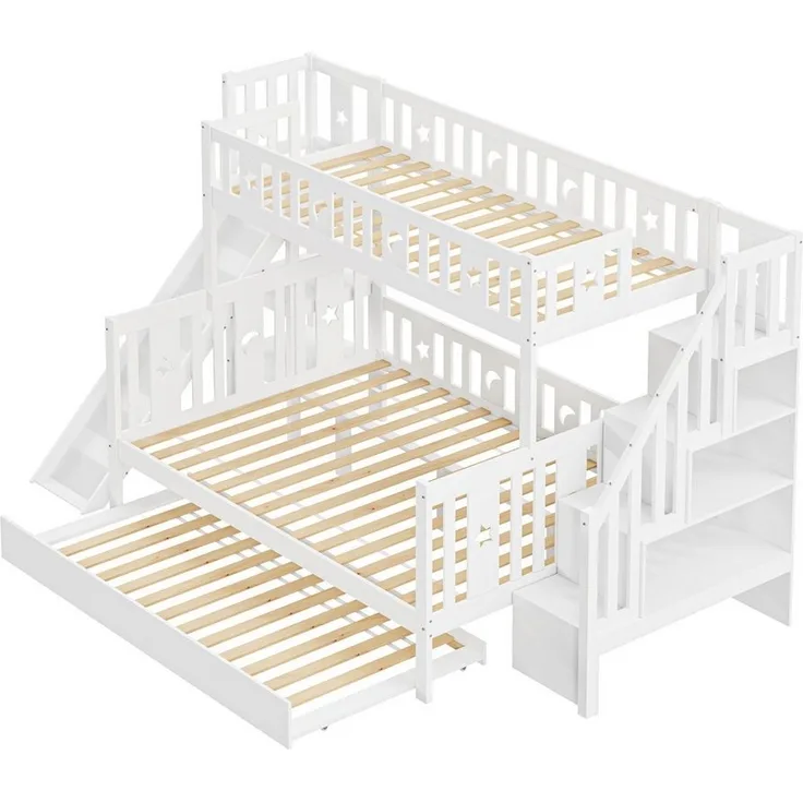 Odikalo Etagenbett Kinderbett 90x200 140x200 mit Rutsche & Stauraum (Kinderbett 90*200/140*200 cm, Massivholz-Etagenbett mit Rutsche und Regal mit Sicherheitsstufen, zwei großen Schubladen und Lattenrost, weiß)