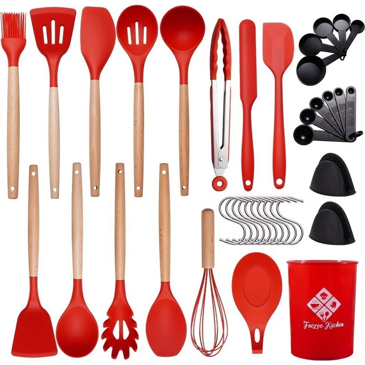 Faizee Möbel Kochbesteck-Set Küchenhelfer Set 38tlg Silikon Kochbesteck Holzgriff Küchenutensilien – Bild 3