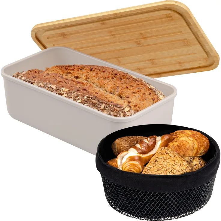 2tlg. Brotaufbewahrungs-Set - Brotkasten und Brotkorb (Kunststoff/Metall, hellgrau)